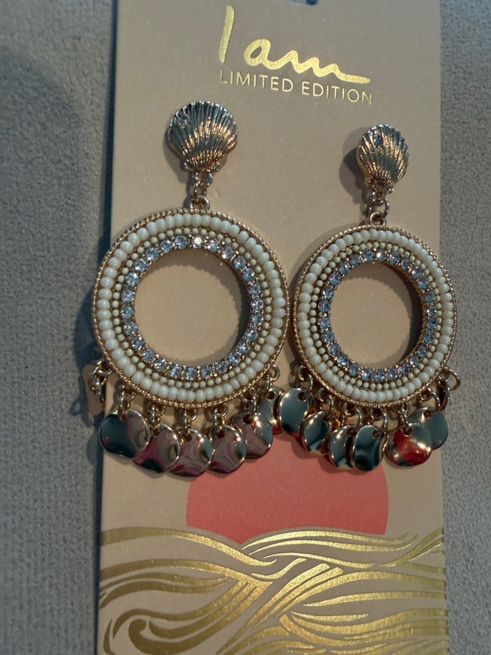 Cream Beaded Hoop Drop Earrings with Gold Shell Studs